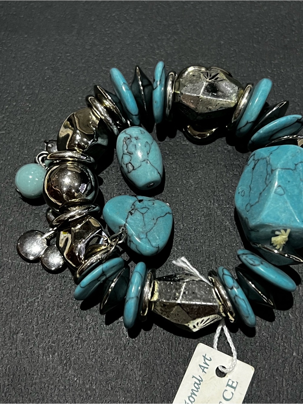 Turquoise Bead Stretch Charm Bracelet w Faux Indian Jewelry  Silver Accents  NWT